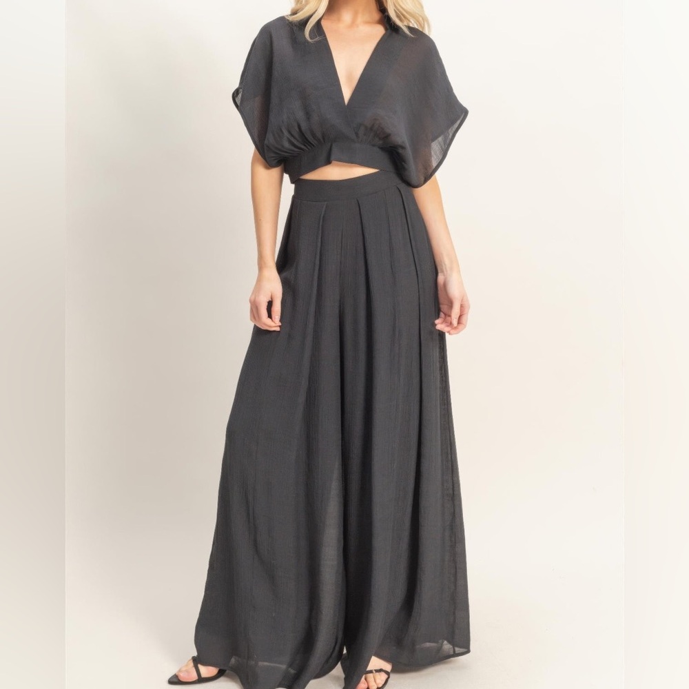 Collared Wrap Top & Wide-leg Pants Set